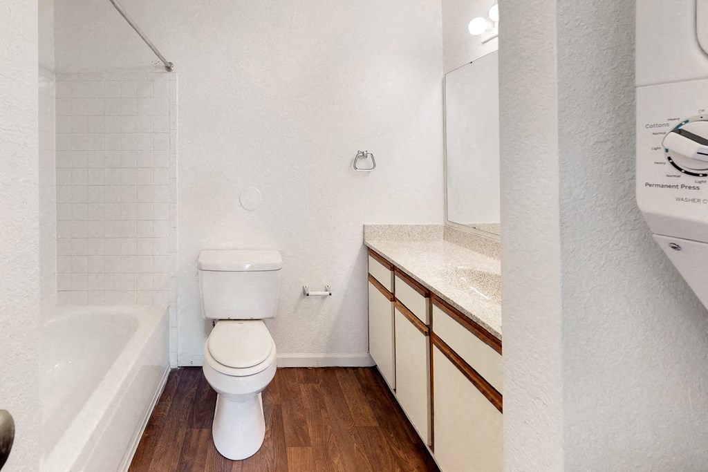 a bathroom with a toilet and a tub and a sink
