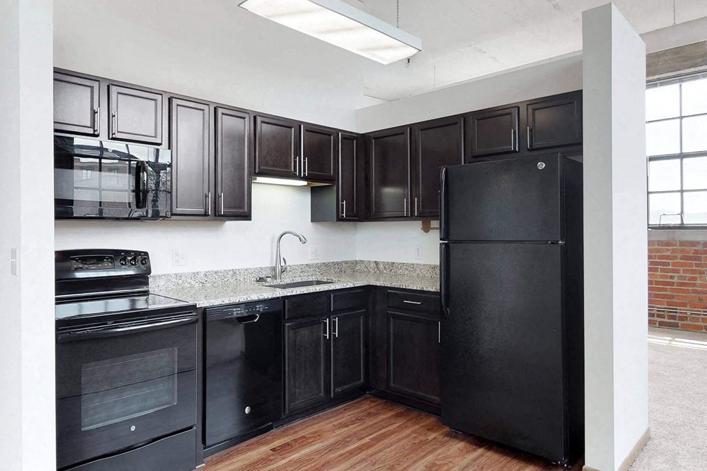 a kitchen with black cabinets and a black refrigerator