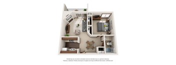 A floor plan of a small apartment with a kitchen, living room, and bedroom.