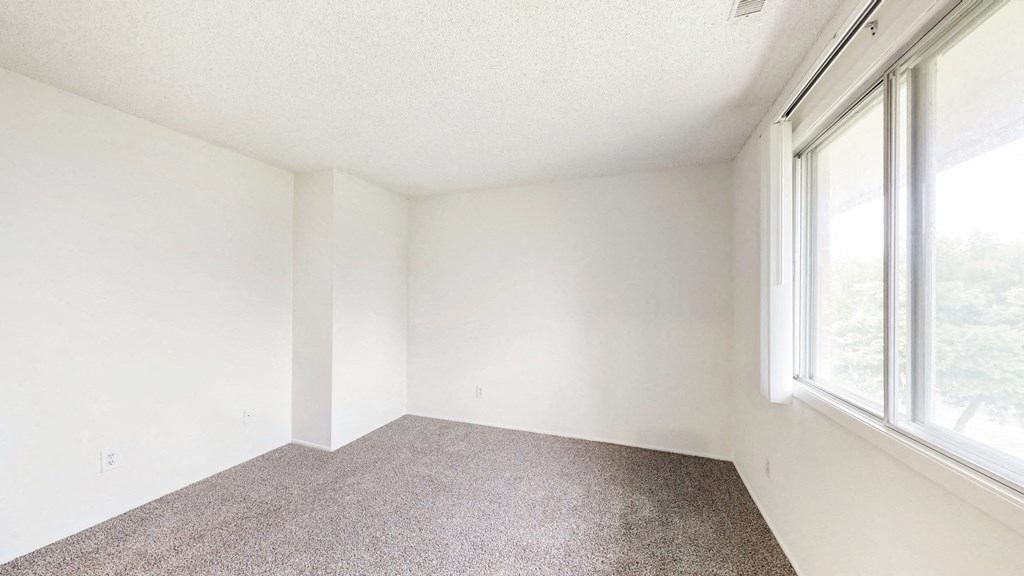 an empty room with a carpet and two windows