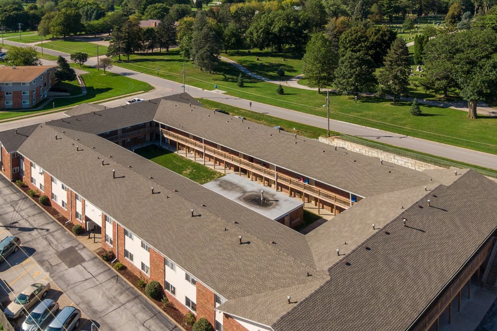 an aerial view of the roof of a building
