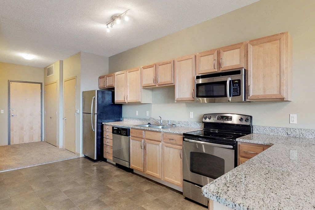 a kitchen with stainless steel appliances and wooden cabinets