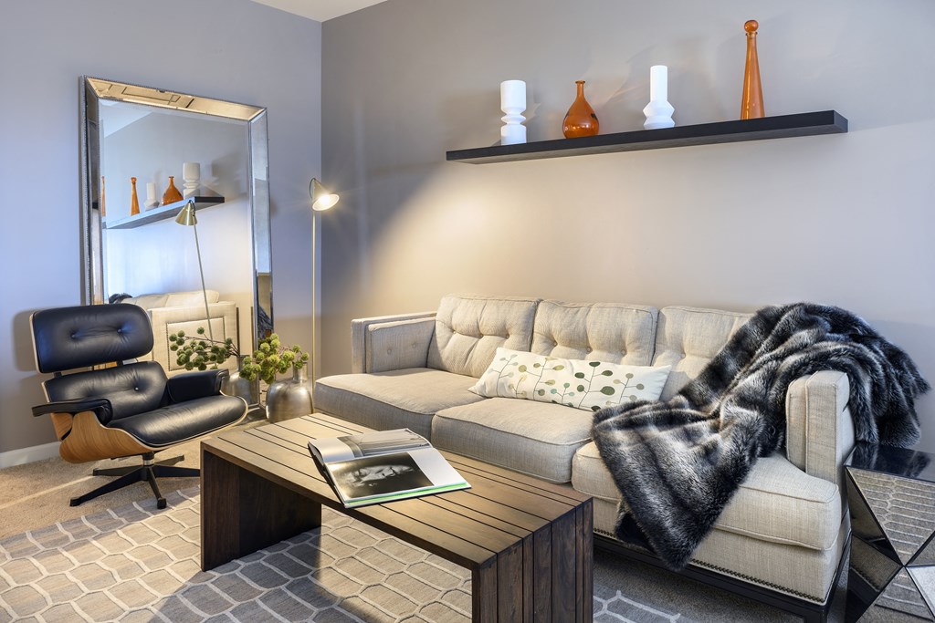 a living room with a couch and a coffee table