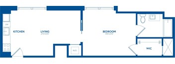 A floor plan of a living space with a kitchen, bedroom, and WIC.