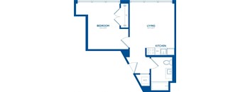 A blueprint of a house layout with a bedroom, living room, and kitchen.