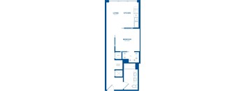 A floor plan of a small apartment with a living room, kitchen, bedroom, and office niche.
