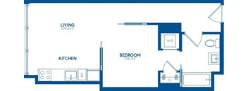 A blueprint of a small apartment with a living room, kitchen, and bedroom.