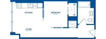 A blueprint of a small apartment with a kitchen, bedroom, and living room.