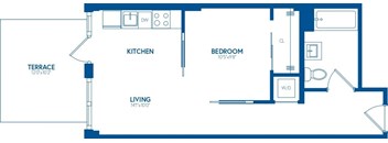 A blueprint of a house layout with a kitchen, living room, and bedroom.