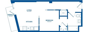 A blueprint of a house layout with a living room, kitchen, and bedroom.