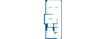 A blueprint of a house with a kitchen, living room, bedroom, and office space.