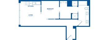 A blueprint of a house layout with a kitchen, living room, and bedroom.