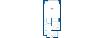 A blueprint of a living space with a kitchen area.
