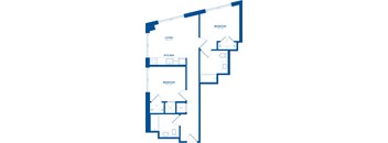 A blueprint of a house layout with a living room, kitchen, and two bedrooms.