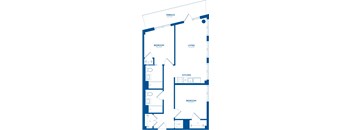 A blueprint of a house layout with a kitchen, two bedrooms, a living room, and a terrace.