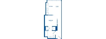 A blueprint of a small apartment with a kitchen, living room, and bedroom.