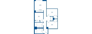 A blue and white floor plan of a house with three bedrooms and a living area.