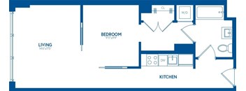A blue and white floor plan of a living area, bedroom, and kitchen.