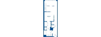 A blue and white floor plan of a one bedroom apartment.