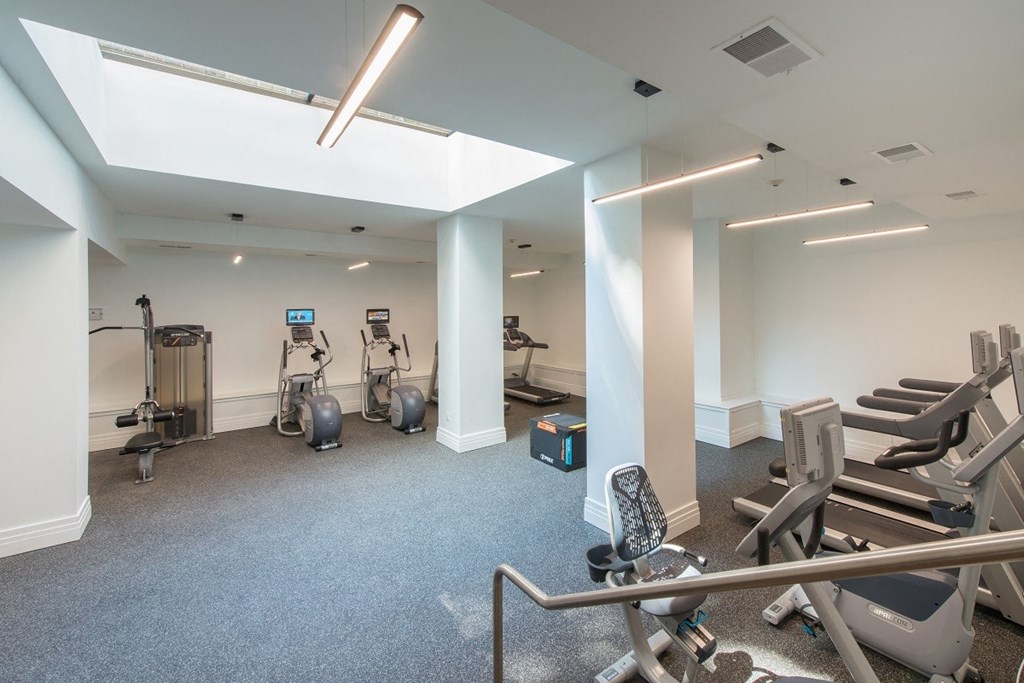 a gym with cardio machines and weights at the district at highland village apartments