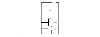 A floor plan of a room with a kitchen, bathroom and hallway.