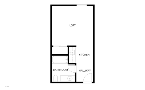 A floor plan of a room with a kitchen, bathroom and hallway.