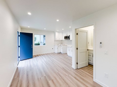 A kitchen with white cabinets and a blue door.