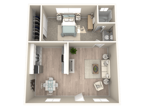 a 3d rendering of a bedroom with a bathroom and a living room at Sunnymead Apts Apartments, Moreno Valley, California