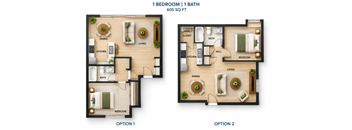 A floor plan shows two options for a 605 square foot 1 bedroom 1 bath apartment.