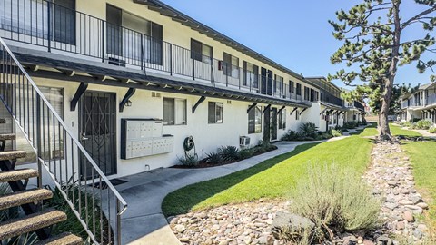 A row of white buildings with balconies and a tree in front.