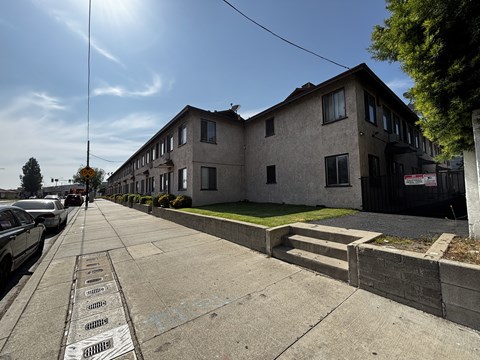 A sunny day in a residential area with houses on one side and a sidewalk with a series of names on it.