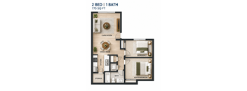 A 2 bedroom, 1 bathroom apartment is 775 square feet.
