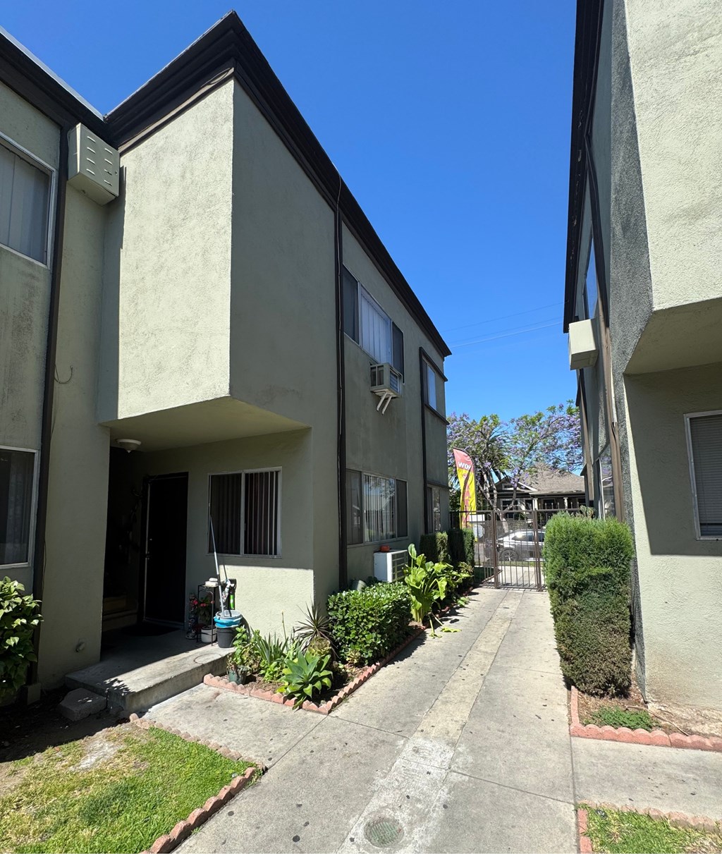 A sunny day at apartment buildings with green plants.