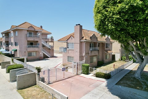 A row of houses with a tree in front of the first house.