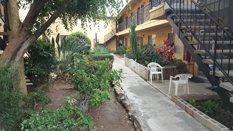 A garden with a white chair and a tree in the foreground.