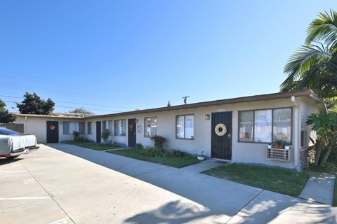 A row of houses with a clear blue sky above.