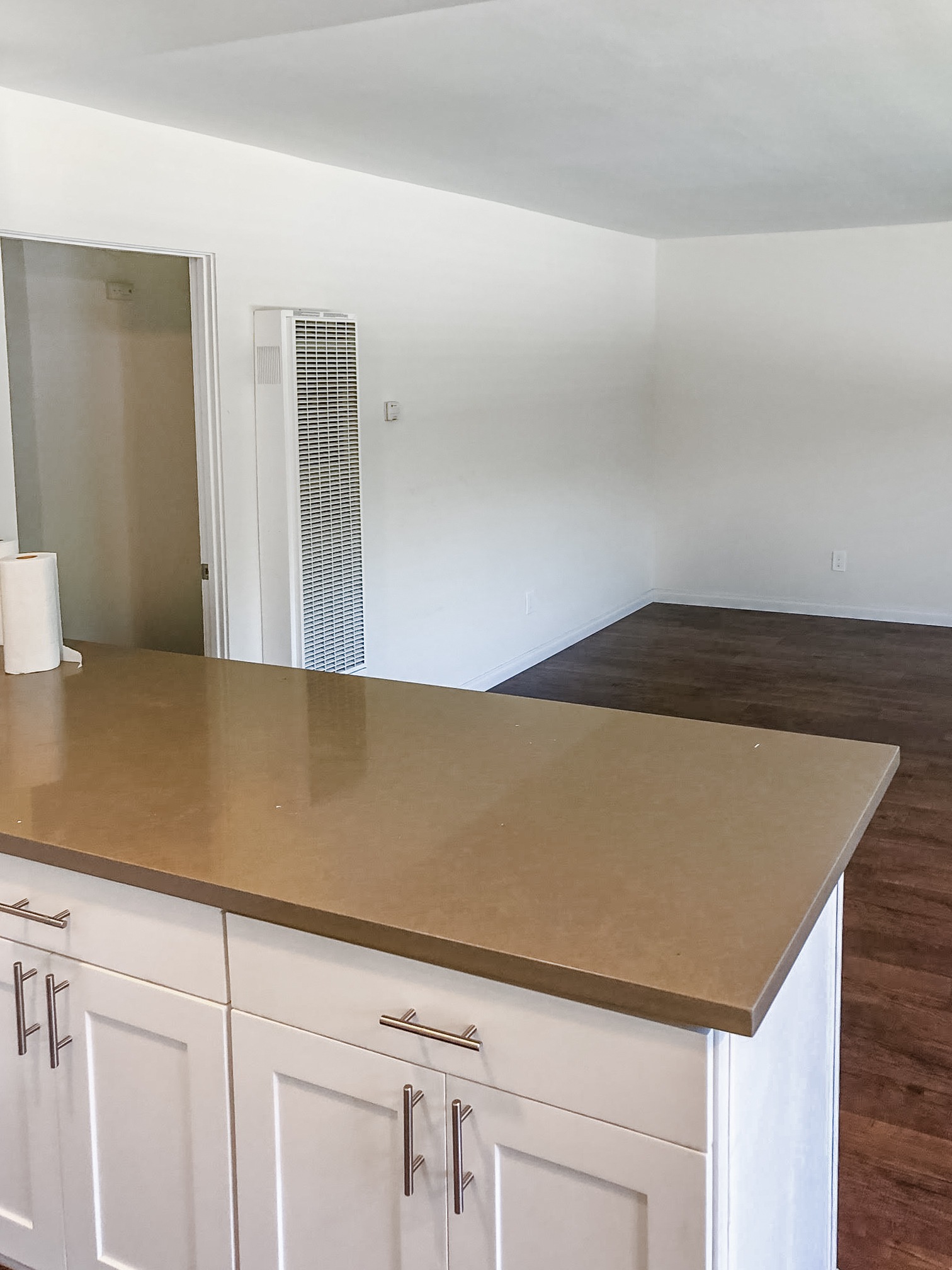 A kitchen with white cabinets and a countertop.