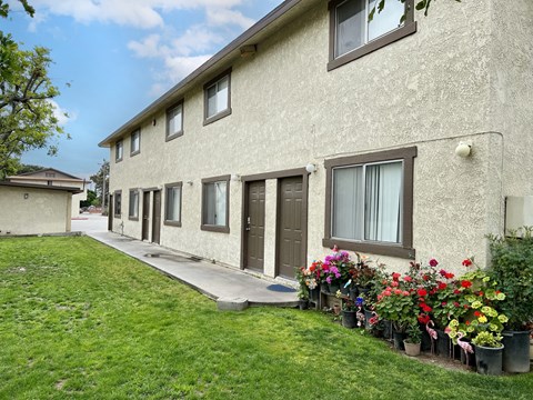 A building with a row of windows and flower pots in front.