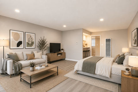A well-lit, modern bedroom with a large bed and a cozy seating area.