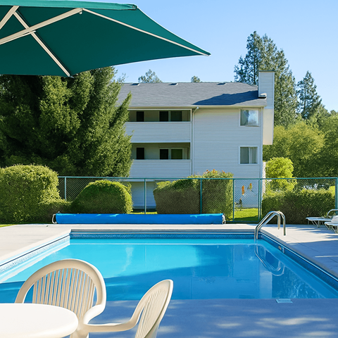 A pool with a chair and umbrella in front of a house.
