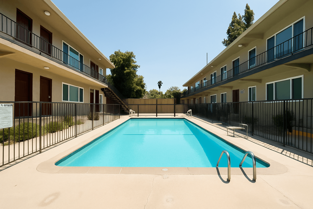 A swimming pool in front of a row of apartment buildings.