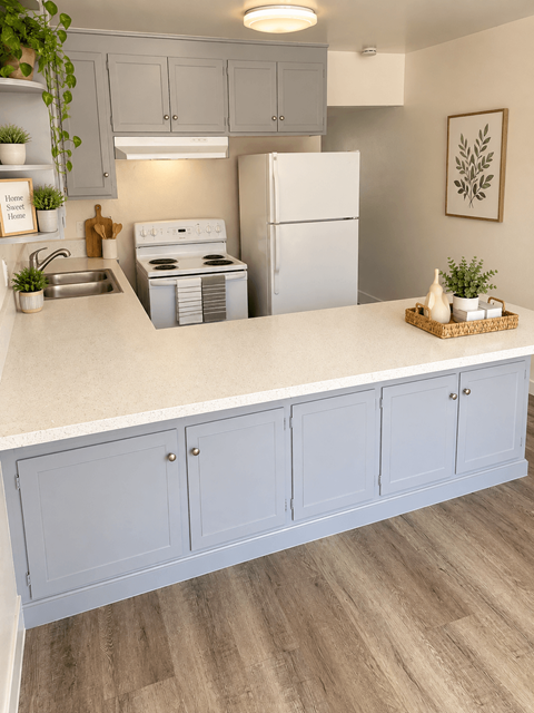 A kitchen with a white counter top and grey cabinets.