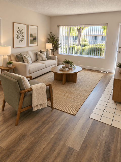 A living room with a grey couch, a wooden armchair, and a coffee table.