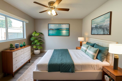A bedroom with a bed, dresser, and ceiling fan.