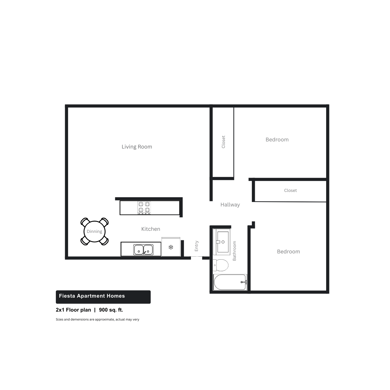 A floor plan of a 2x1 floor plan 900 sq ft apartment.