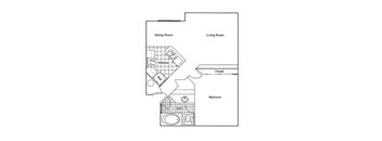 A floor plan of a house with a kitchen, dining room, living room, bathroom and bedroom.