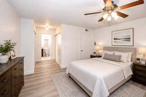 A bedroom with a large bed, a ceiling fan, and a plant on the dresser.