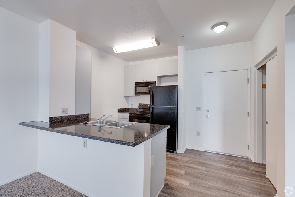 A kitchen with a black refrigerator and a granite countertop.