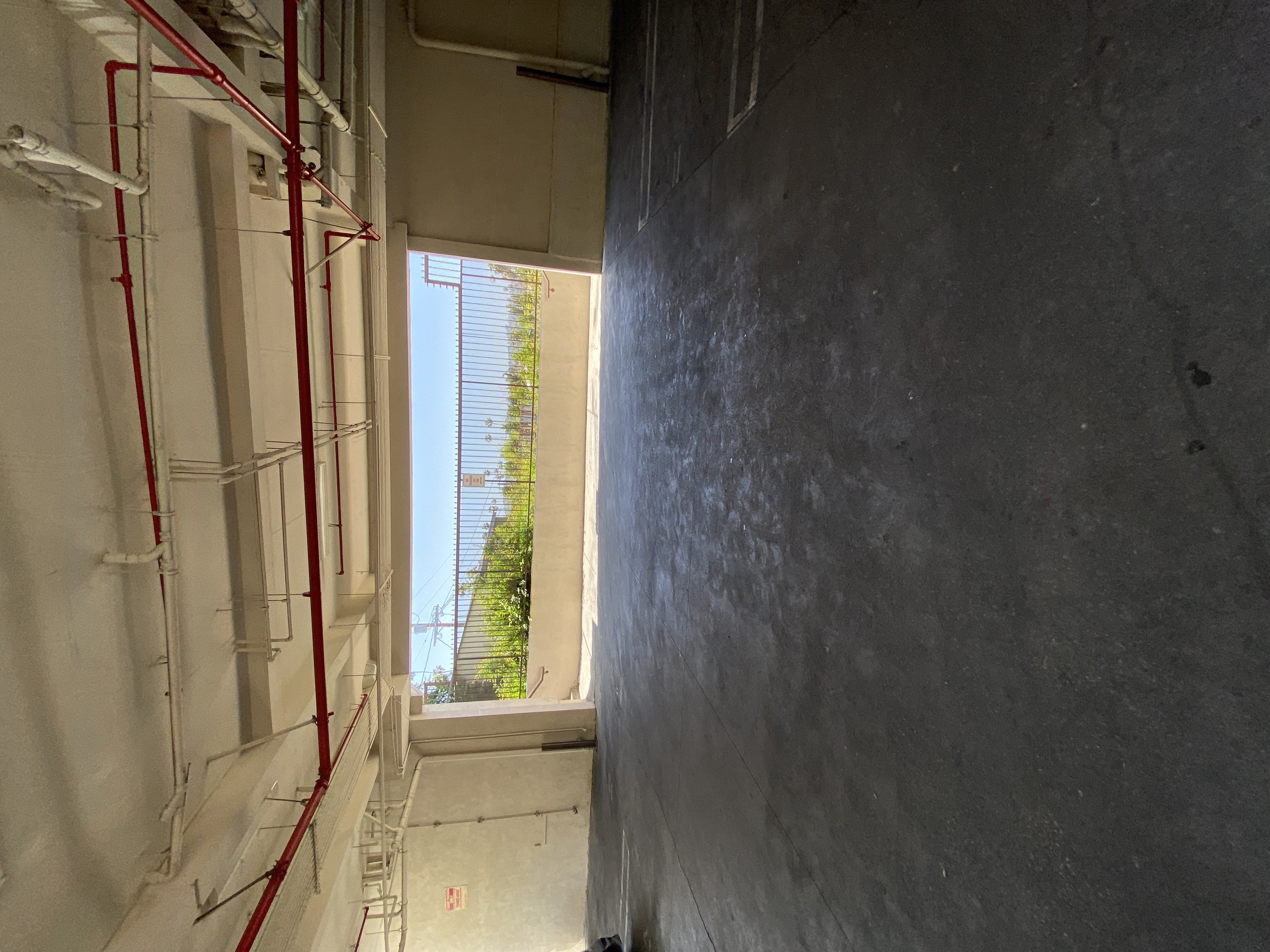 A long hallway with a window and a view of trees outside.