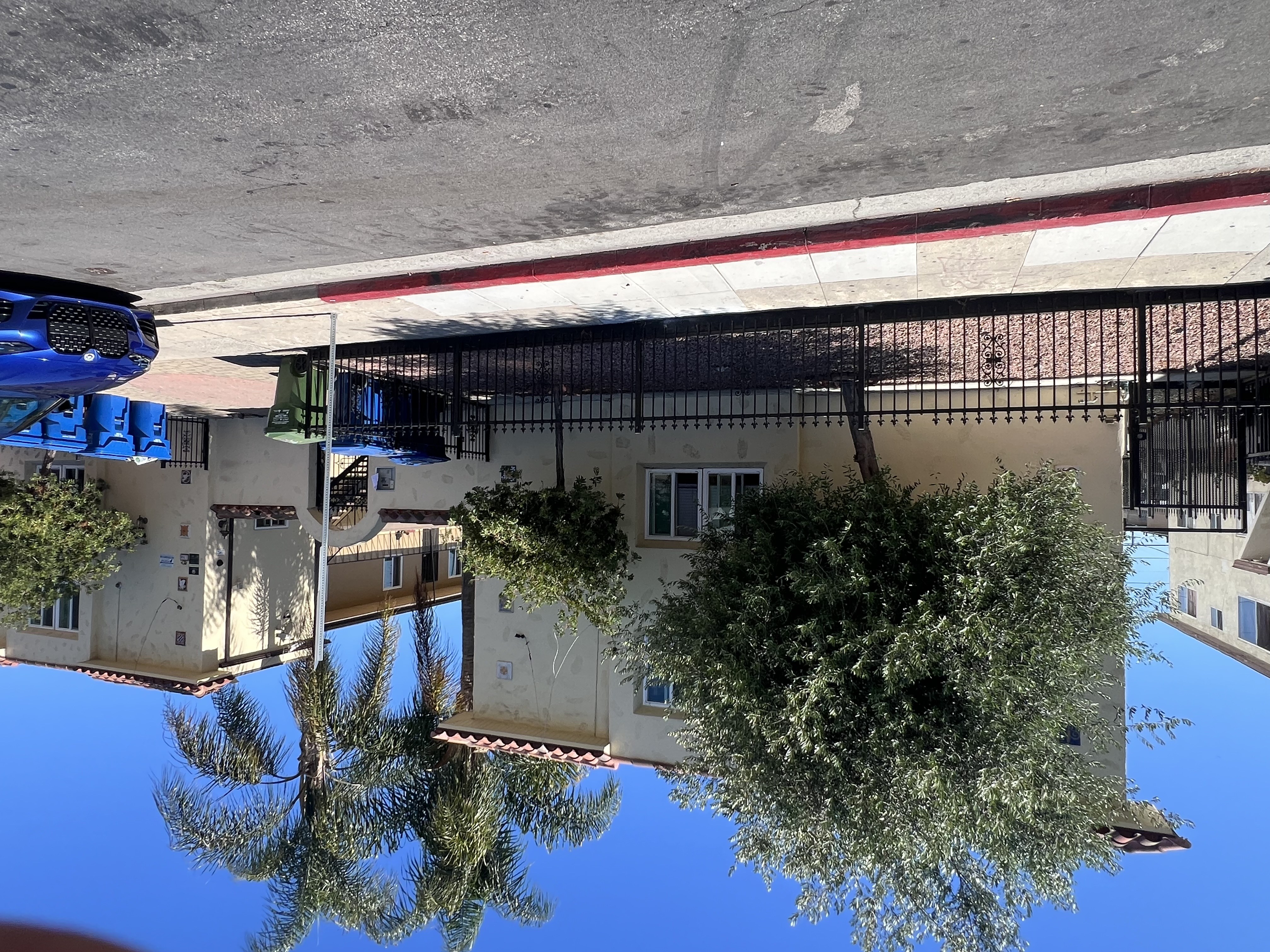 A car is parked under a tree with a building in the background.